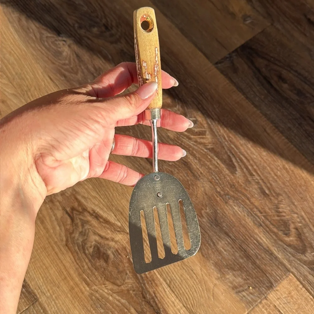 Vintage EKCO Short Handle Slotted Angled Spatula Wood Grip Chromium Plated
